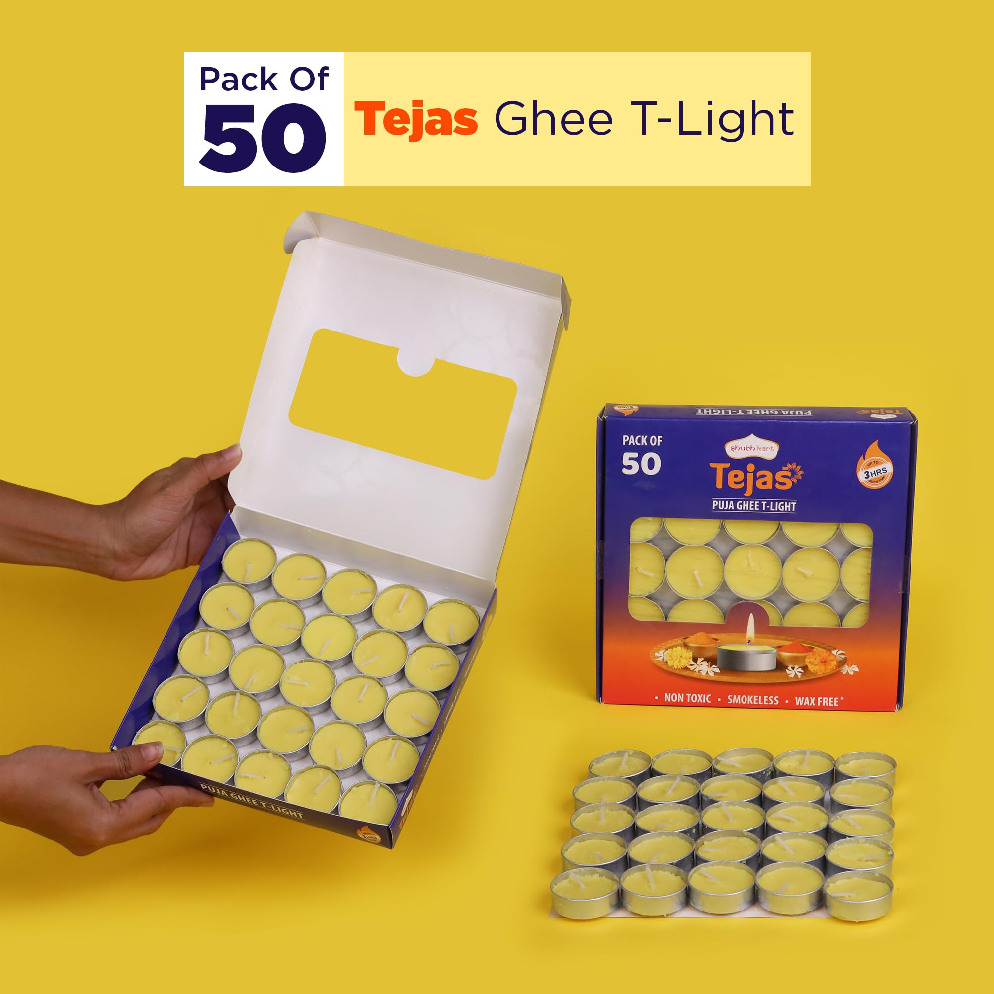 Shubhkart Tejas Puja Ghee T-Light Candles 50N | Non Toxic Smokeless & Wax Free Tea Light Candles Perfect For Home Decor, Prayers